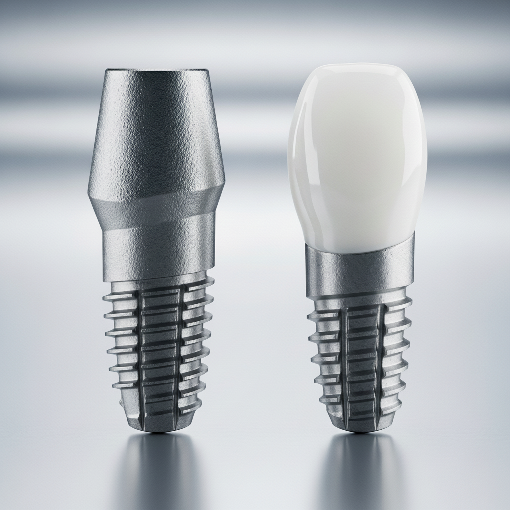 Dental Implant Materials are shown side-by-side, comparing the metallic titanium and white ceramic zirconia.