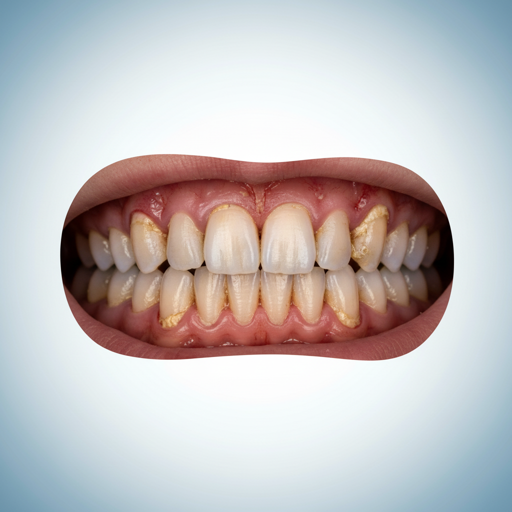 Inflamed Gums with Periodontal Disease Causes Receding Gums, displaying inflamed tissues, plaque, and significant recession from advanced periodontal disease.