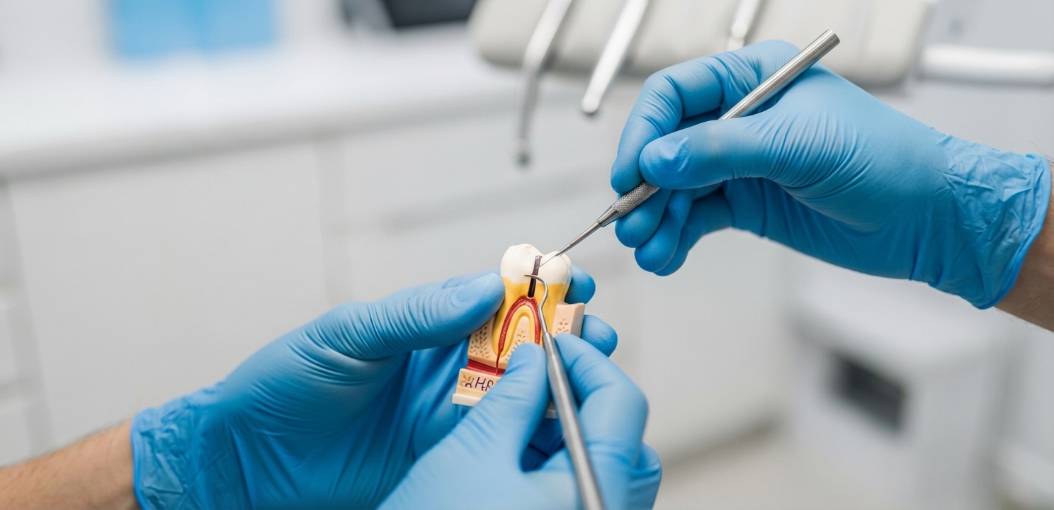 Close-up of Root Canal Procedure What Causes Toothache can be an infected pulp, requiring root canal therapy.