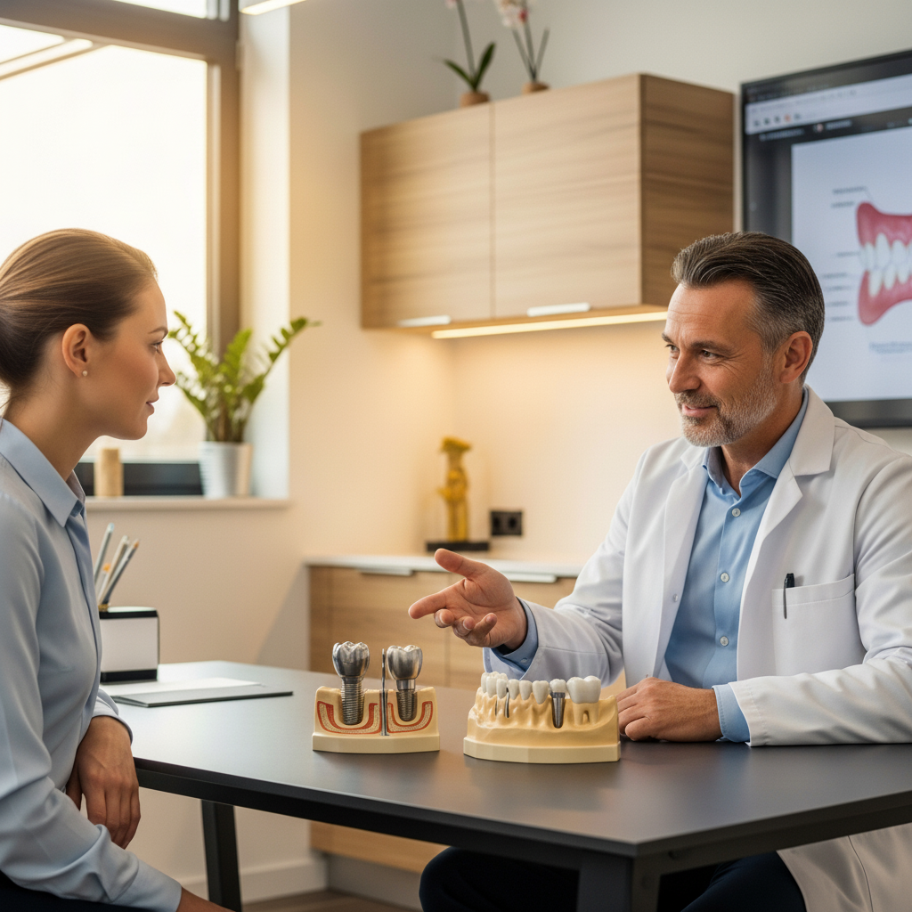 Dental Implant Materials being discussed by a dental professional during a patient consultation in a clinic