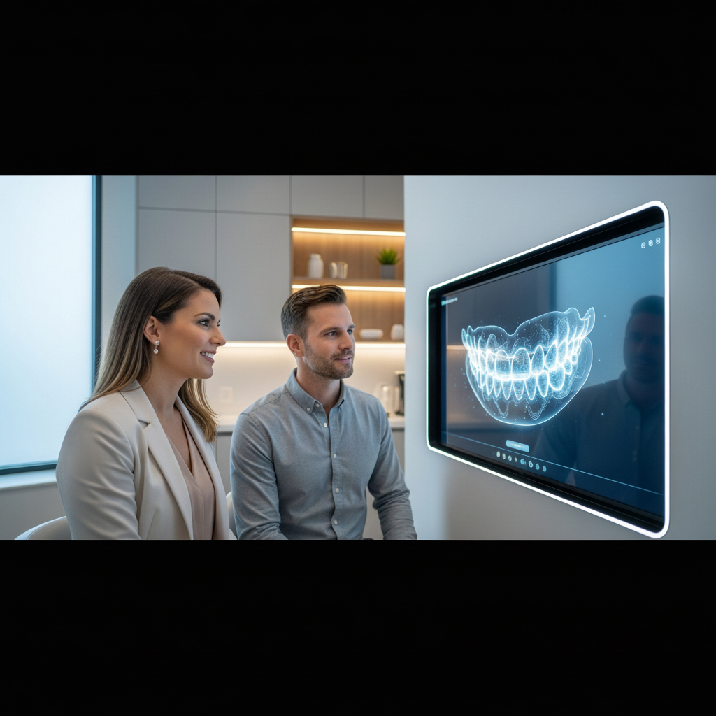 Perfect Smile with Cosmetic Dentistry. Dentist and patient discuss personalized treatment plan using advanced digital smile design technology.