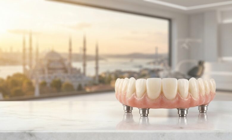 A photorealistic image of a complete zirconia dental prosthesis for an All-on-4 implant, displayed in a modern Turkish dental clinic with a blurred view of the Istanbul skyline.