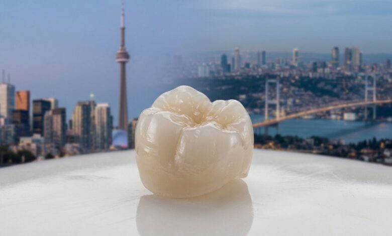 A perfect, high-quality white dental crown is in sharp focus in the foreground, with the blurred skylines of Canada and Turkey visible behind it, symbolizing the concept of international dental travel.