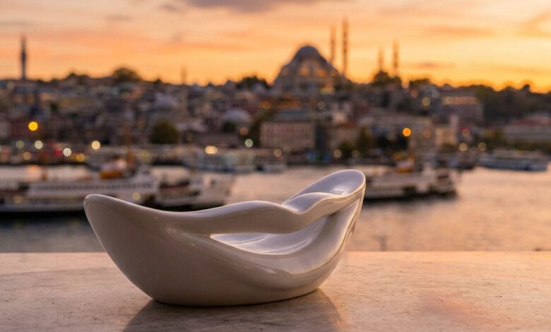 An abstract white shape resembling a perfect smile in the foreground, with a blurred, warm-toned background of the Istanbul, Turkey skyline at sunset, representing a dental holiday.