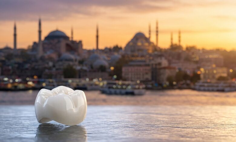 A photorealistic close-up of a single, perfect dental implant crown on a clean surface, with the beautiful, blurred skyline of Istanbul, Turkey, during sunrise in the background, symbolizing a dental tourism holiday.
