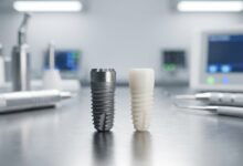A detailed close-up image showing two dental implants, one metallic grey titanium and one white ceramic zirconia, on a clean surface in a modern lab.