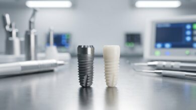 A detailed close-up image showing two dental implants, one metallic grey titanium and one white ceramic zirconia, on a clean surface in a modern lab.