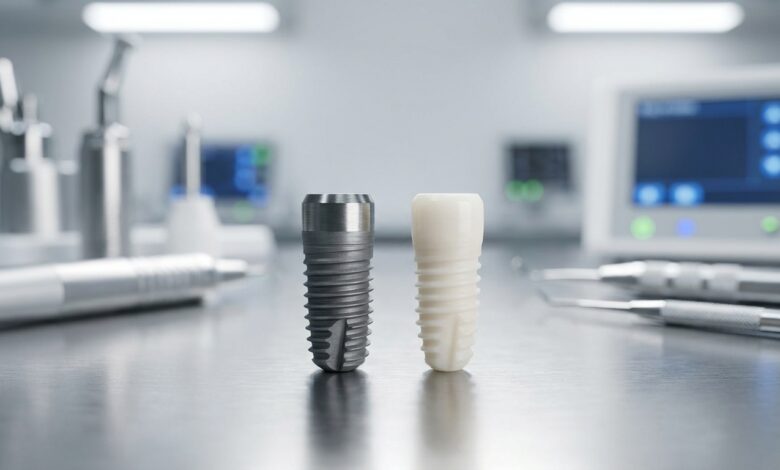 A detailed close-up image showing two dental implants, one metallic grey titanium and one white ceramic zirconia, on a clean surface in a modern lab.