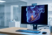 A photorealistic close-up of a computer screen in a modern dental office showing a 3D model of a jaw. The model illustrates the precise, safe placement of a dental implant, highlighting the technological aspect of risk mitigation in dentistry.