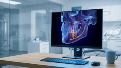 A photorealistic close-up of a computer screen in a modern dental office showing a 3D model of a jaw. The model illustrates the precise, safe placement of a dental implant, highlighting the technological aspect of risk mitigation in dentistry.