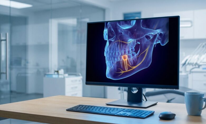 A photorealistic close-up of a computer screen in a modern dental office showing a 3D model of a jaw. The model illustrates the precise, safe placement of a dental implant, highlighting the technological aspect of risk mitigation in dentistry.