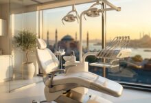 A photorealistic image of an empty, high-tech dental chair in a clean, modern clinic with a large window showing a blurred, sunny view of the Istanbul, Turkey skyline.
