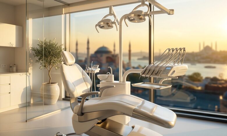 A photorealistic image of an empty, high-tech dental chair in a clean, modern clinic with a large window showing a blurred, sunny view of the Istanbul, Turkey skyline.