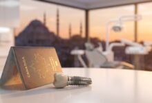 A photorealistic image showing a Canadian passport and a dental implant model on a table in a modern clinic, with the blurred skyline of Istanbul, Turkey visible through a window in the background, symbolizing dental tourism.