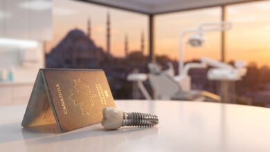 A photorealistic image showing a Canadian passport and a dental implant model on a table in a modern clinic, with the blurred skyline of Istanbul, Turkey visible through a window in the background, symbolizing dental tourism.