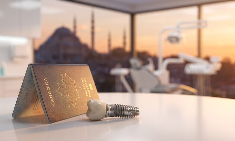 A photorealistic image showing a Canadian passport and a dental implant model on a table in a modern clinic, with the blurred skyline of Istanbul, Turkey visible through a window in the background, symbolizing dental tourism.