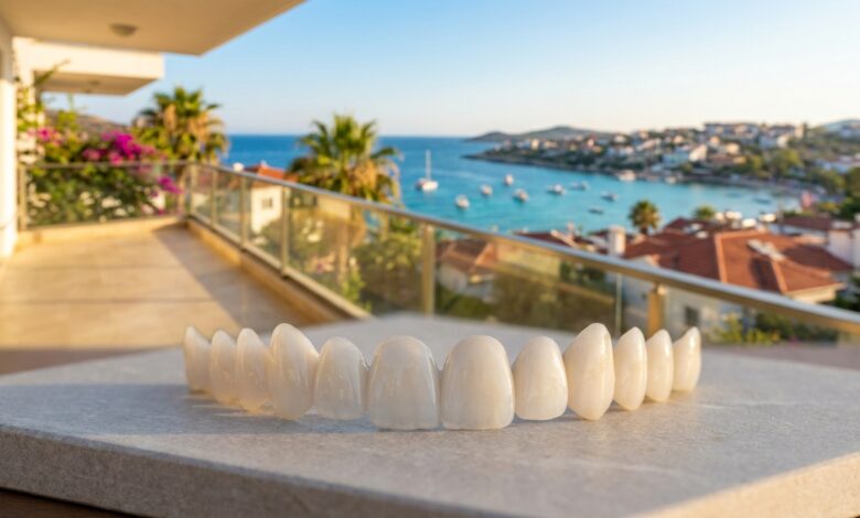A close-up, photorealistic shot of a perfect set of white porcelain dental veneers, with a beautifully blurred background showing a sunny, coastal city in Turkey. The scene represents the concept of dental tourism.