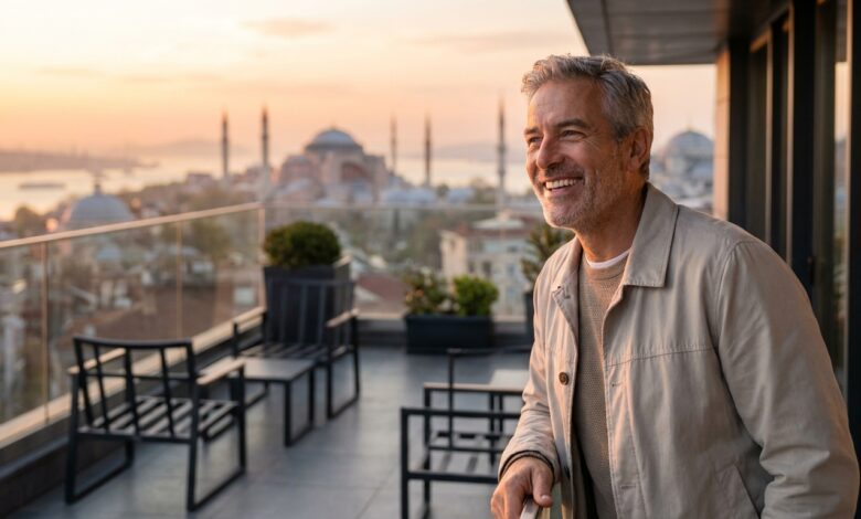 A mature man with a brilliant, healthy smile stands on a balcony with a scenic, blurred background of Istanbul, Turkey at sunrise. The image conveys a sense of happiness and satisfaction after a successful dental treatment abroad.