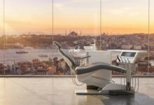 A photorealistic view from inside a modern, empty dental clinic looking out a large window at a beautiful, blurred sunrise over the Istanbul, Turkey skyline, symbolizing the concept of dental tourism.