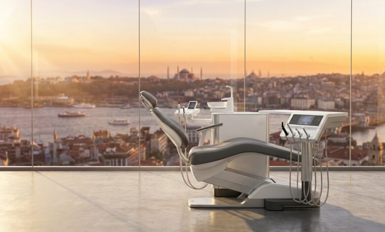 A photorealistic view from inside a modern, empty dental clinic looking out a large window at a beautiful, blurred sunrise over the Istanbul, Turkey skyline, symbolizing the concept of dental tourism.
