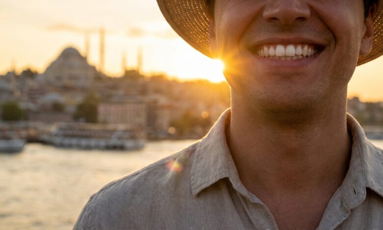 A close-up of a person's bright, healthy smile with a beautifully blurred background showing a scenic view of Istanbul, Turkey at sunset, representing a dental holiday.