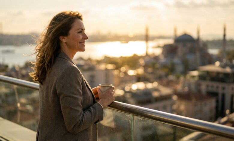 A person with a healthy, confident smile looking out over a sunlit, panoramic view of Istanbul, Turkey, representing a successful dental tourism trip from Canada.