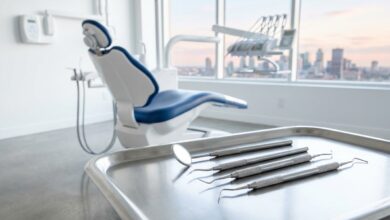 A photorealistic image of a modern, clean dental examination room. In the foreground, a tray of sterilized dental tools is in sharp focus. In the background, an empty dental chair and equipment are softly blurred, with a large window showing a faint, out-of-focus Canadian city skyline.
