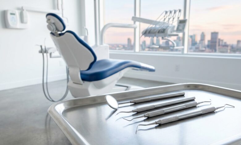 A photorealistic image of a modern, clean dental examination room. In the foreground, a tray of sterilized dental tools is in sharp focus. In the background, an empty dental chair and equipment are softly blurred, with a large window showing a faint, out-of-focus Canadian city skyline.