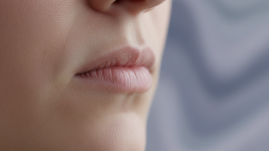 Close-up of a person's jaw and mouth area, showing subtle tension and clenching, with a blurred, abstract background symbolizing psychological stress. The image illustrates the physical impact of stress on oral health.