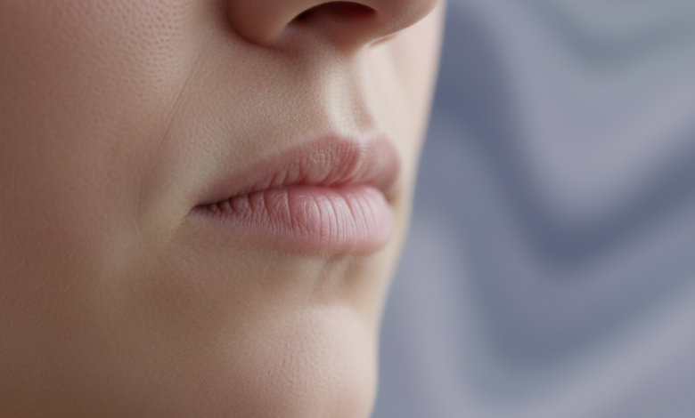 Close-up of a person's jaw and mouth area, showing subtle tension and clenching, with a blurred, abstract background symbolizing psychological stress. The image illustrates the physical impact of stress on oral health.