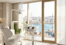 A photorealistic image of a high-tech, clean dental treatment room with a state-of-the-art chair, overlooking a beautiful, sunny Turkish city and coastline through a large window.