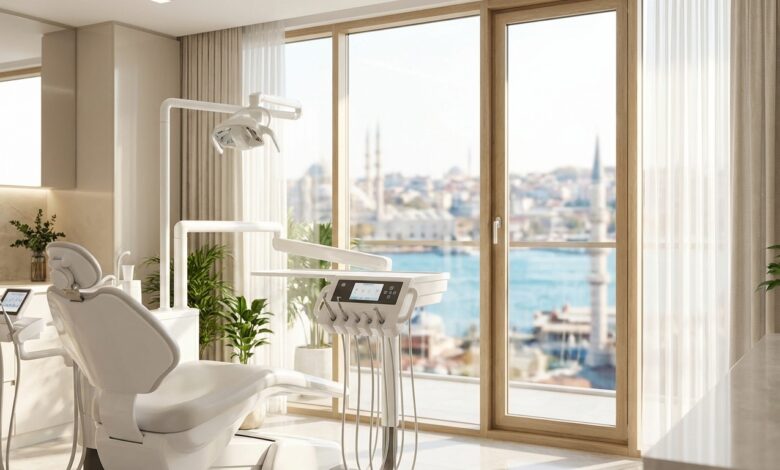 A photorealistic image of a high-tech, clean dental treatment room with a state-of-the-art chair, overlooking a beautiful, sunny Turkish city and coastline through a large window.