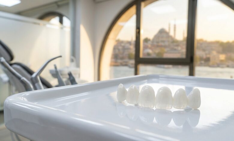 A close-up photorealistic image of several perfectly white porcelain veneers arranged on a clean surface in a modern, high-end dental clinic with a blurred cityscape in the background.