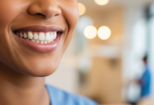 Close-up of a person smiling brightly, showing perfectly white and aligned teeth, against a blurred, modern background of a dental clinic.