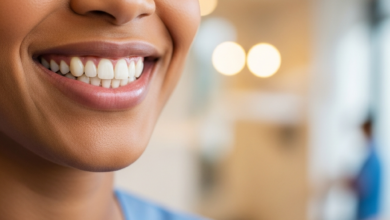 Close-up of a person smiling brightly, showing perfectly white and aligned teeth, against a blurred, modern background of a dental clinic.