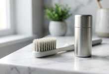 A close-up, photorealistic image of a soft-bristled toothbrush and dental floss on a clean bathroom counter, symbolizing proper oral care to prevent bleeding gums.