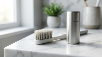 A close-up, photorealistic image of a soft-bristled toothbrush and dental floss on a clean bathroom counter, symbolizing proper oral care to prevent bleeding gums.