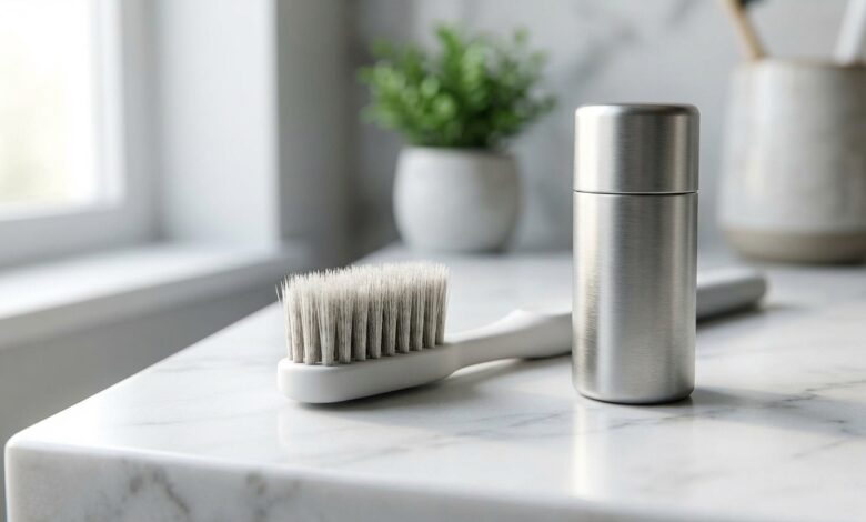 A close-up, photorealistic image of a soft-bristled toothbrush and dental floss on a clean bathroom counter, symbolizing proper oral care to prevent bleeding gums.