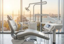 A photorealistic image of an empty, modern dental chair in a clean clinic overlooking a blurred, scenic view of Istanbul, Turkey at sunrise, symbolizing the concept of dental tourism.