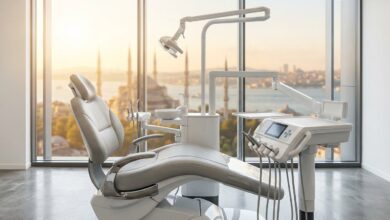 A photorealistic image of an empty, modern dental chair in a clean clinic overlooking a blurred, scenic view of Istanbul, Turkey at sunrise, symbolizing the concept of dental tourism.