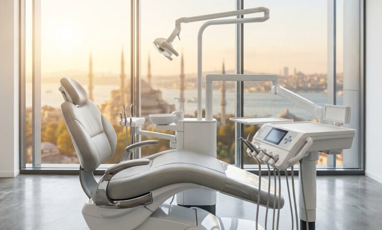 A photorealistic image of an empty, modern dental chair in a clean clinic overlooking a blurred, scenic view of Istanbul, Turkey at sunrise, symbolizing the concept of dental tourism.