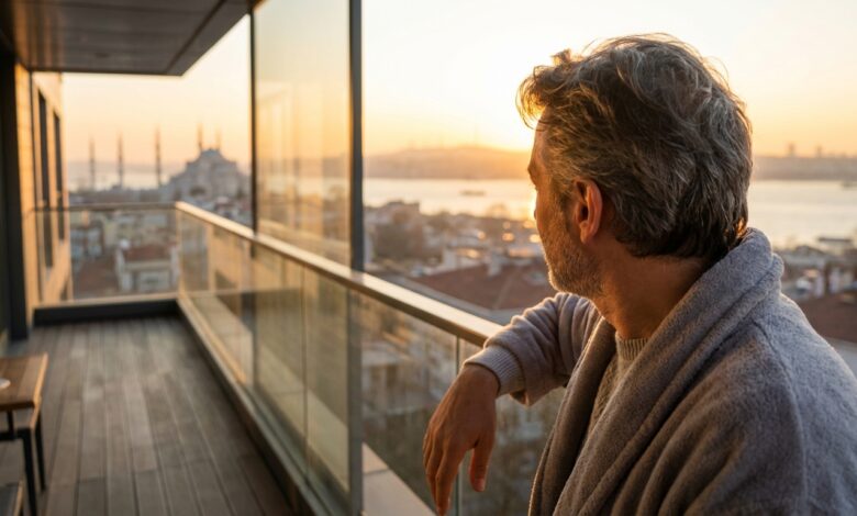 A person viewed from behind, looking out from a modern balcony at a softly blurred, golden sunrise over the Istanbul, Turkey skyline, symbolizing a successful and safe dental tourism trip.