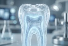 A photorealistic 3D medical illustration of a human molar tooth in cross-section, showing the outer enamel, dentin, and the inner pulp chamber with its root canals, set against a clean, blurred clinical background.