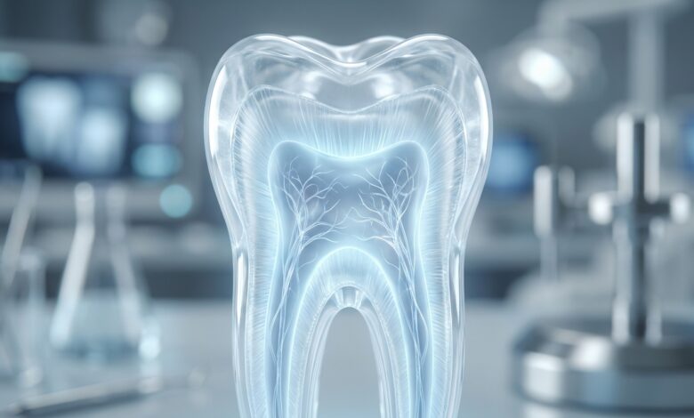 A photorealistic 3D medical illustration of a human molar tooth in cross-section, showing the outer enamel, dentin, and the inner pulp chamber with its root canals, set against a clean, blurred clinical background.