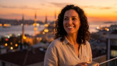 A close-up, side profile of a happy person with a brilliant, perfect smile. In the beautifully blurred background, the sun sets over the city of Istanbul, Turkey, creating a warm, golden glow.
