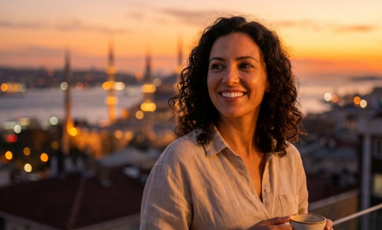 A close-up, side profile of a happy person with a brilliant, perfect smile. In the beautifully blurred background, the sun sets over the city of Istanbul, Turkey, creating a warm, golden glow.