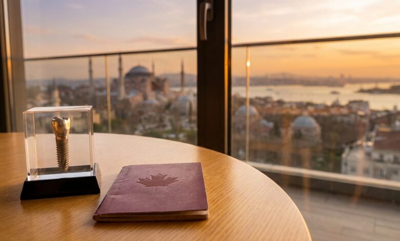 A close-up of a dental implant model and a Canadian passport resting on a table, with a beautifully blurred background of the Istanbul skyline and Bosphorus Strait, symbolizing dental tourism for Canadians in Turkey.