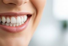 Close-up of a person's mouth with brilliantly white, perfectly aligned teeth, showcasing a confident, radiant smile. The background is softly blurred, hinting at a modern, clean dental environment.