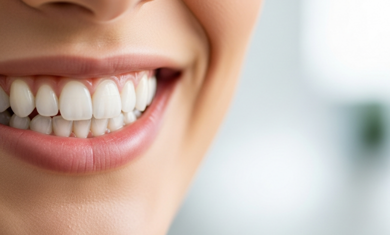 Close-up of a person's mouth with brilliantly white, perfectly aligned teeth, showcasing a confident, radiant smile. The background is softly blurred, hinting at a modern, clean dental environment.