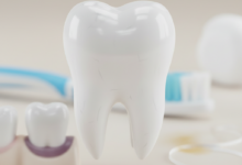 Close-up photorealistic image of a healthy adult molar tooth. In the blurred background, there are abstract, soft suggestions of gum recession or decay, alongside out-of-focus dental care items like a toothbrush or floss. The lighting is soft and natural, with a clean, neutral color palette.